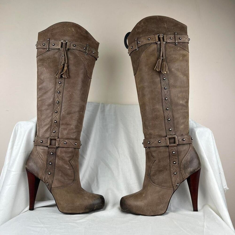 Gianni Bini Brown Leather Studded Tassel Tall High Heel Boots  Size 8